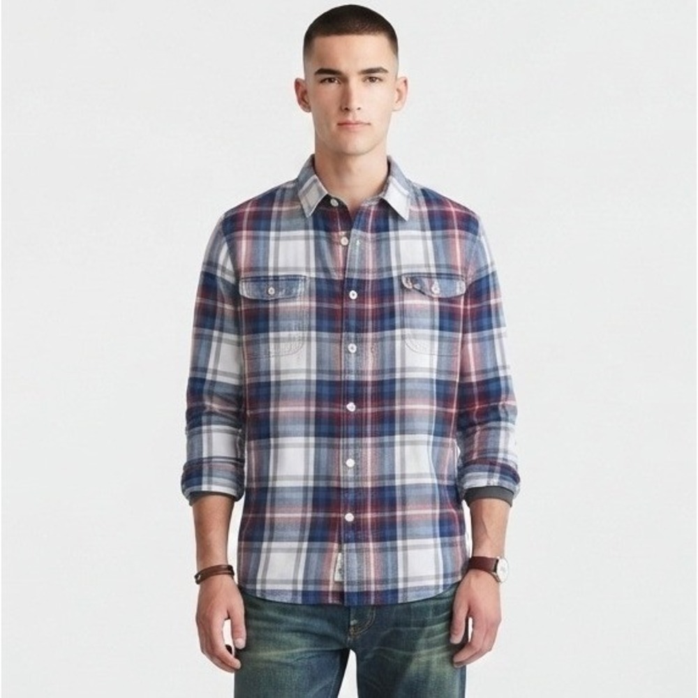 American Eagle Plaid Button Down Shirt Mens XL Blue Red Dual Pockets Good